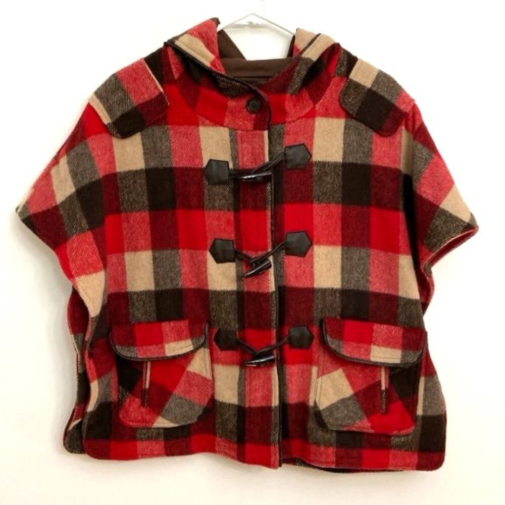 Flying Tomato Red Brown & Tan Plaid Jacket Size M/L Hooded Flannel‎ Poncho